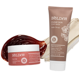 Two Bolden facial masks with product swatches on a white background