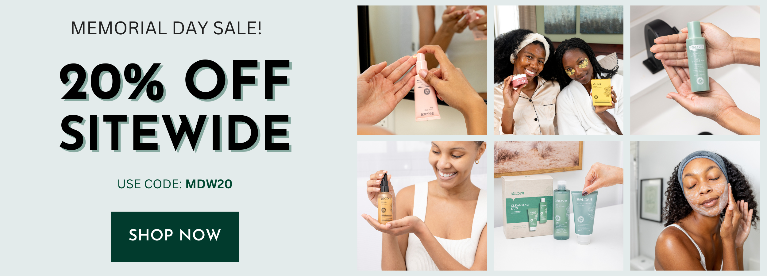 Memorial Day sale banner with 20% off sitewide offer and promotional code, featuring people using skincare products.