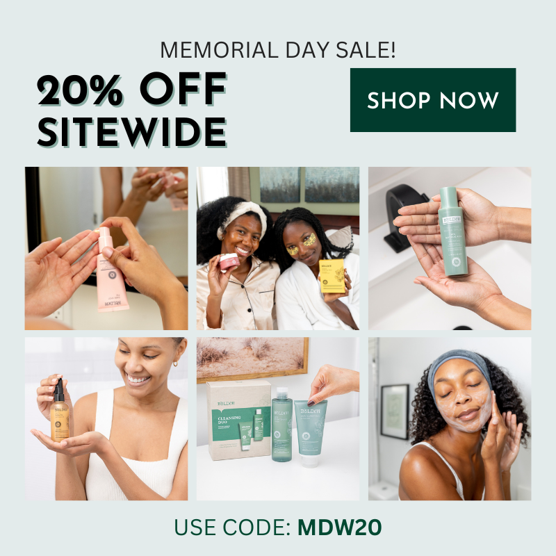 Memorial Day sale advertisement with skincare products and promotional text.