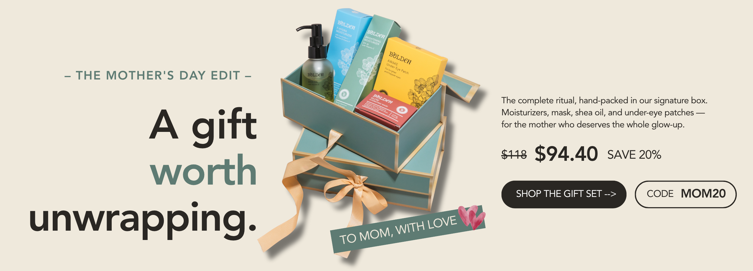 Promotional graphic for a Mother's Day gift set with text and price.