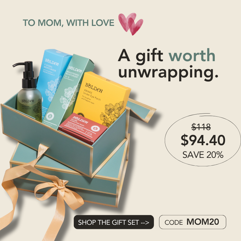 Promotional image of a gift set with skincare products, text 'To Mom, with Love', and discount information.