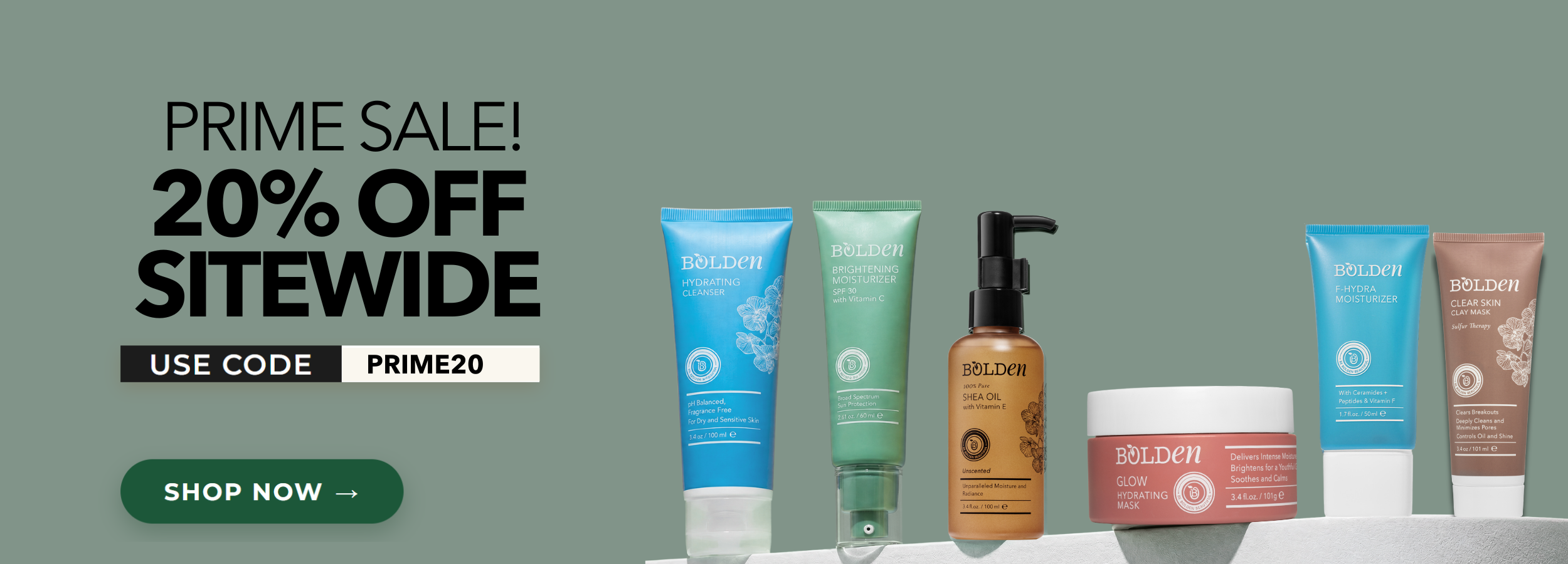 Cosmetic products on a gray background with Prime Sale text and code.