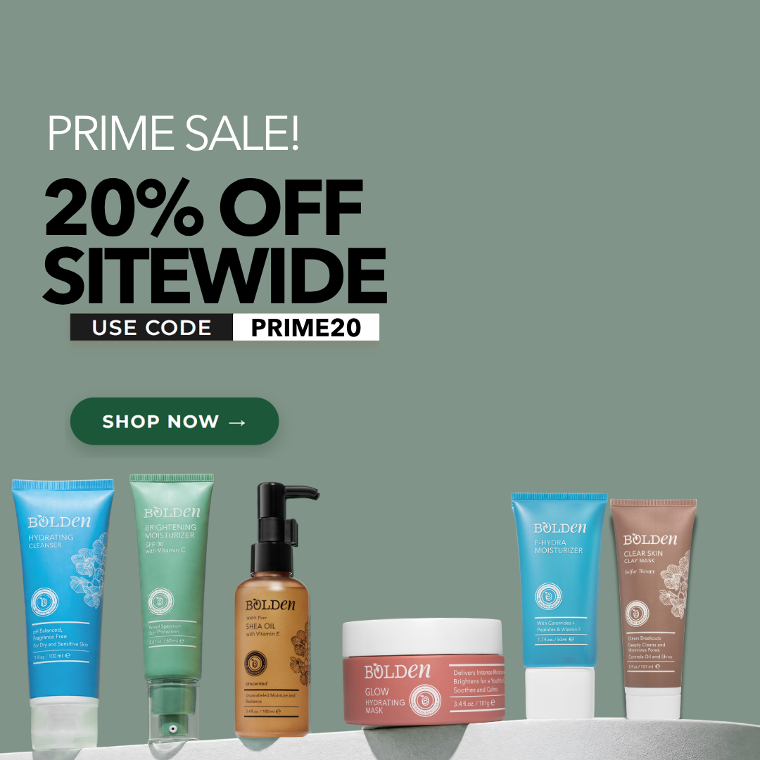 Cosmetic products with a promotional banner for a 20% off sitewide sale on a gray background.