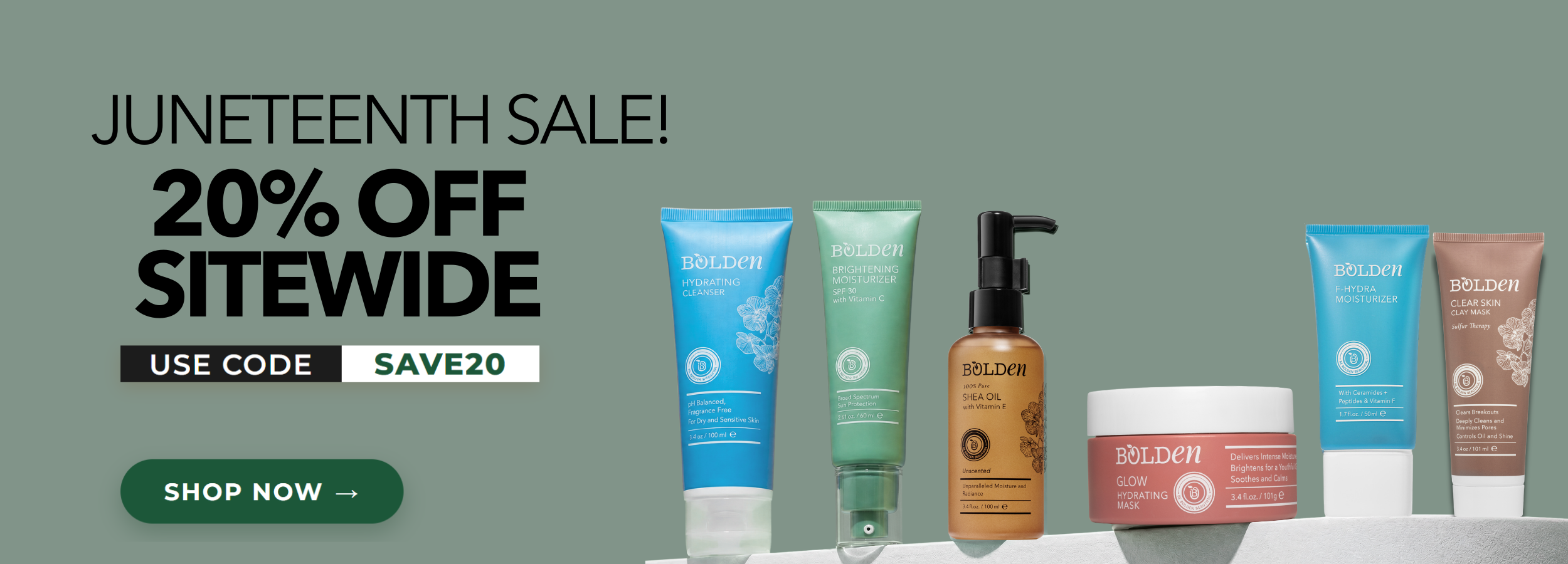 Cosmetic products with a Juneteenth sale banner on a green background