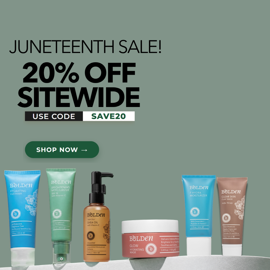 Cosmetic products with a Juneteenth sale promotion on a green background